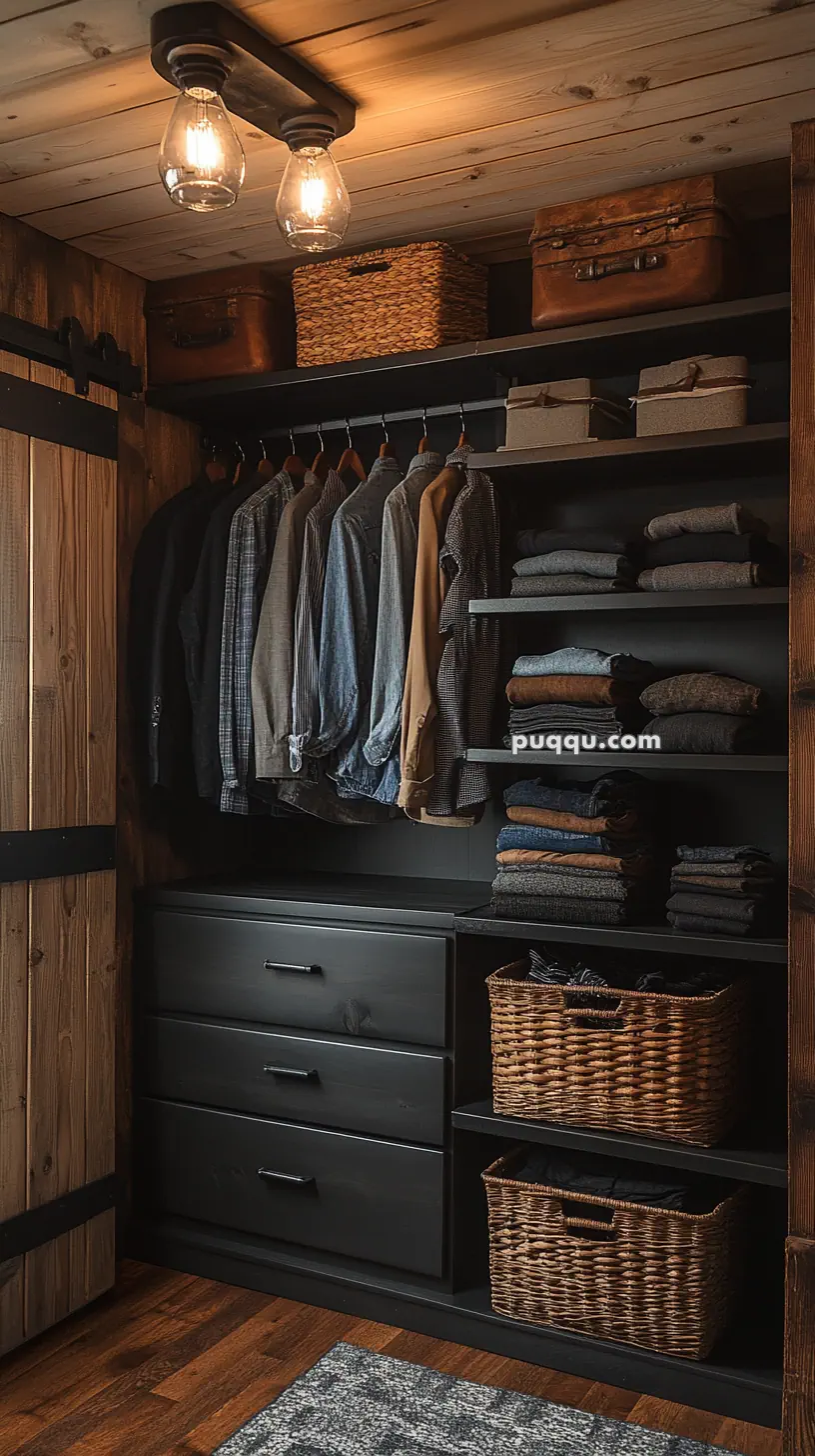 Wooden closet with hanging clothes, shelves holding folded garments, woven baskets, and soft lighting.