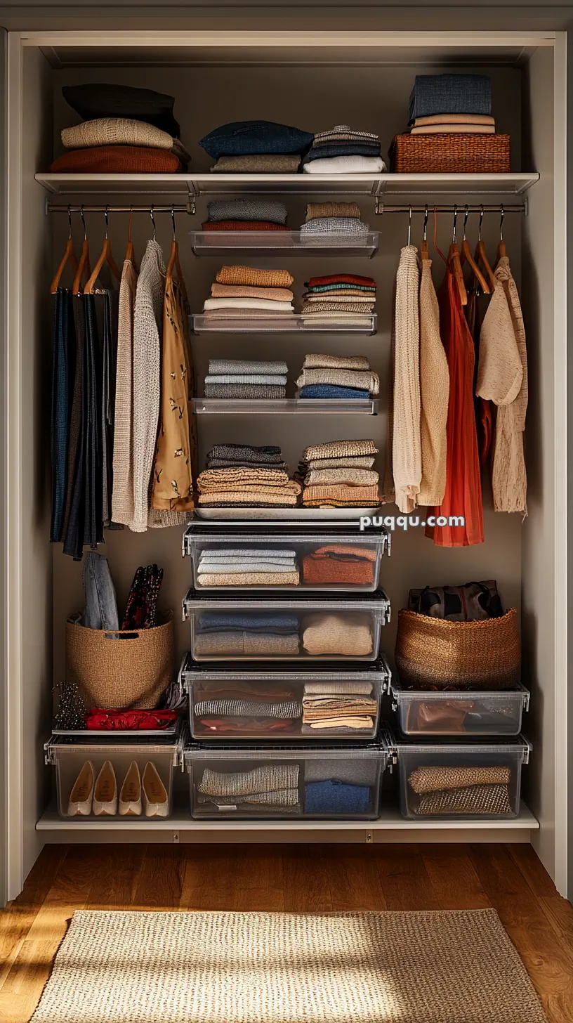 Organized closet with neatly folded clothes, hanging garments, and storage baskets.