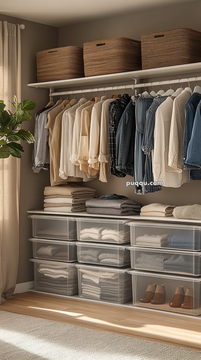 Organized closet with hanging clothes, woven baskets on top, folded garments on shelves, and clear storage boxes below.