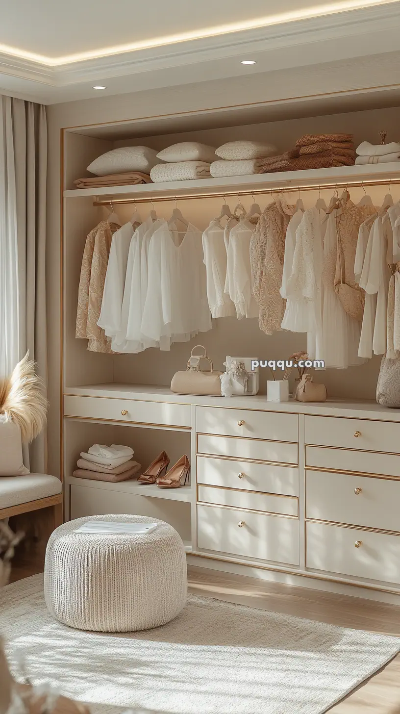 Modern beige wardrobe with neatly arranged clothes, pillows, and towels, featuring gold-accented drawers and a round pouf in front.