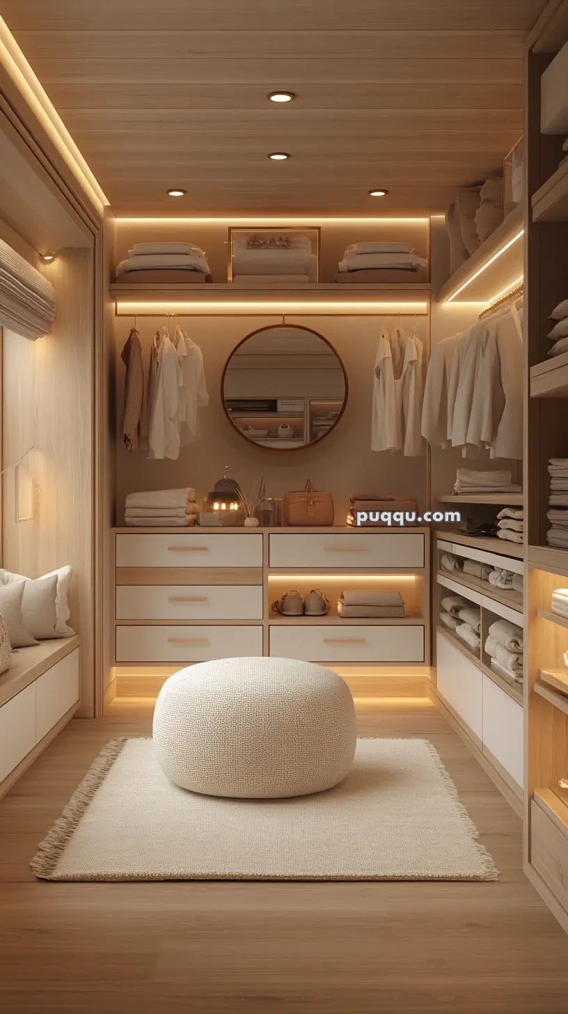 Modern walk-in closet with wooden shelves, hanging clothes, drawers, a round mirror, and ambient lighting. A round ottoman sits on a rug in the center.