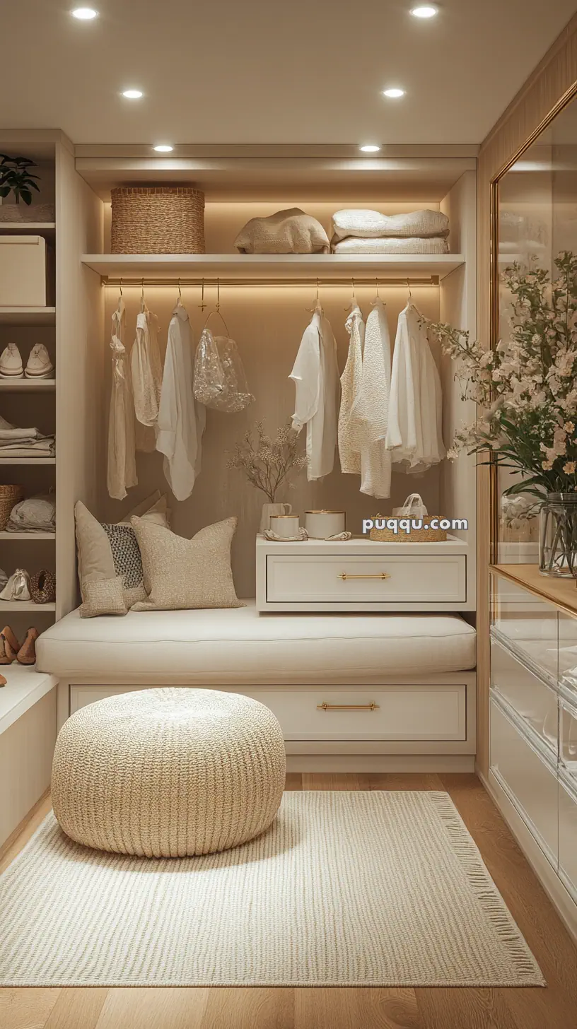 Elegant walk-in closet with a white and beige color scheme, featuring hanging clothes, a cozy bench with cushions, a pouf, and decorative plants.