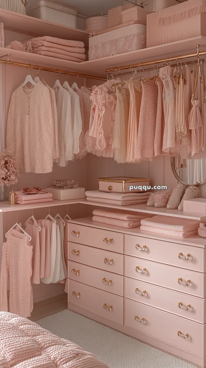 Pink-themed closet with shelves and racks displaying folded clothes, dresses, and accessories.