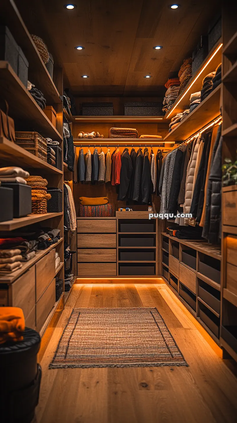 Modern walk-in closet with wooden shelves, hanging clothes, folded sweaters, and soft lighting.