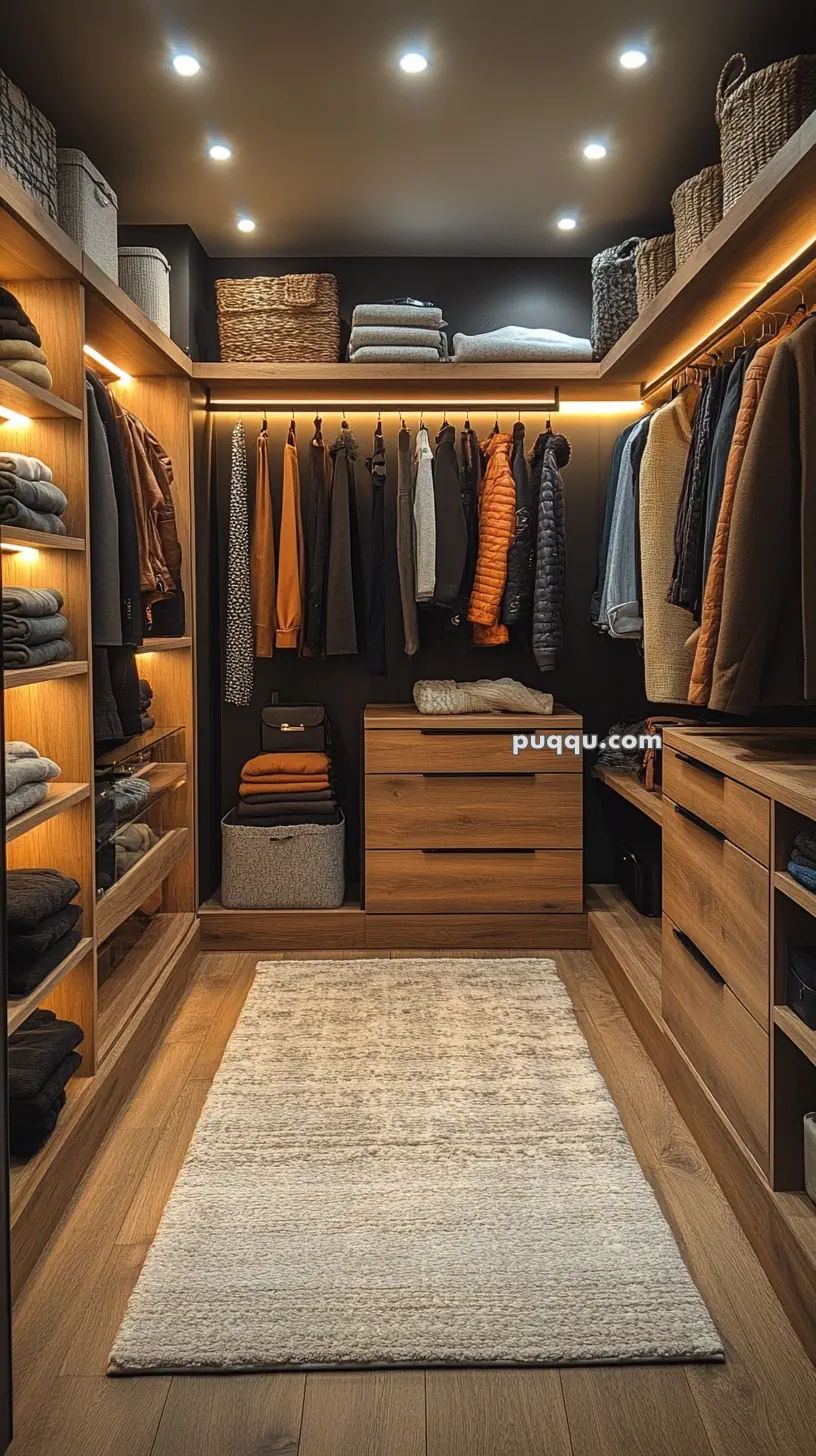 Walk-in closet with wooden shelves and drawers, hanging clothes, neatly folded textiles, and a light-colored rug on the floor.