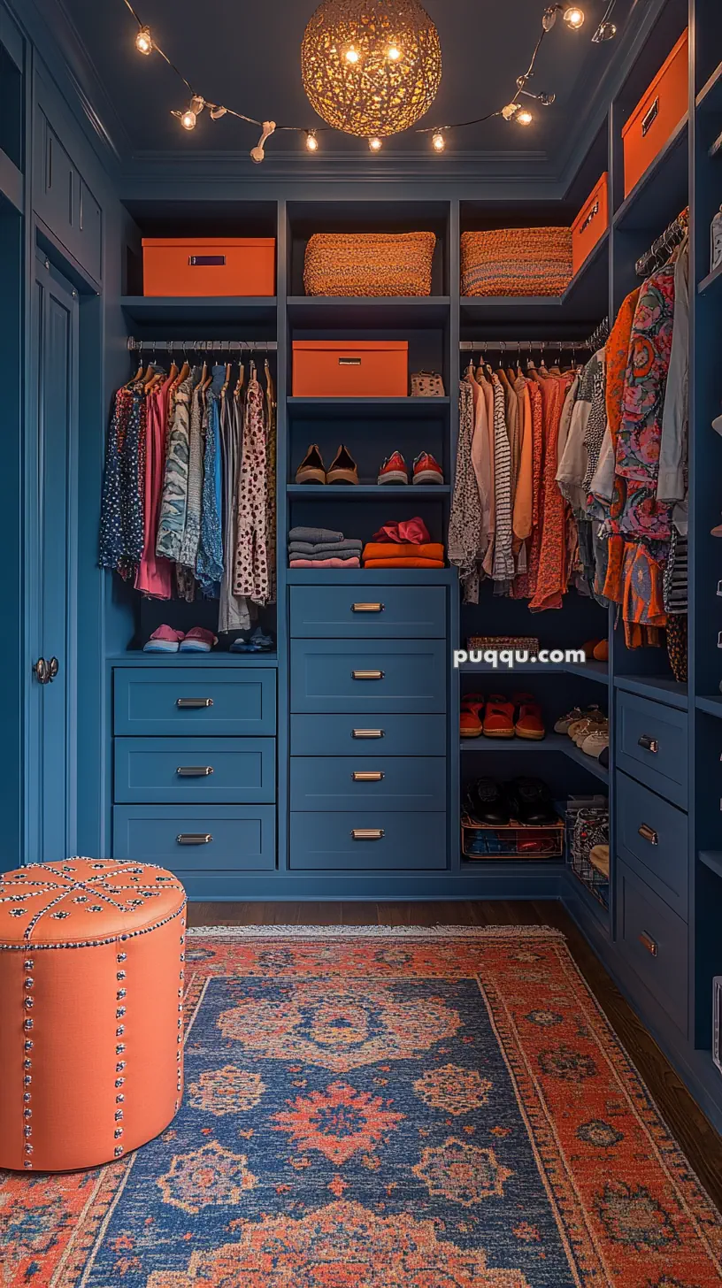 Luxurious walk-in closet with blue cabinets, orange accents, and a detailed Persian-style rug.