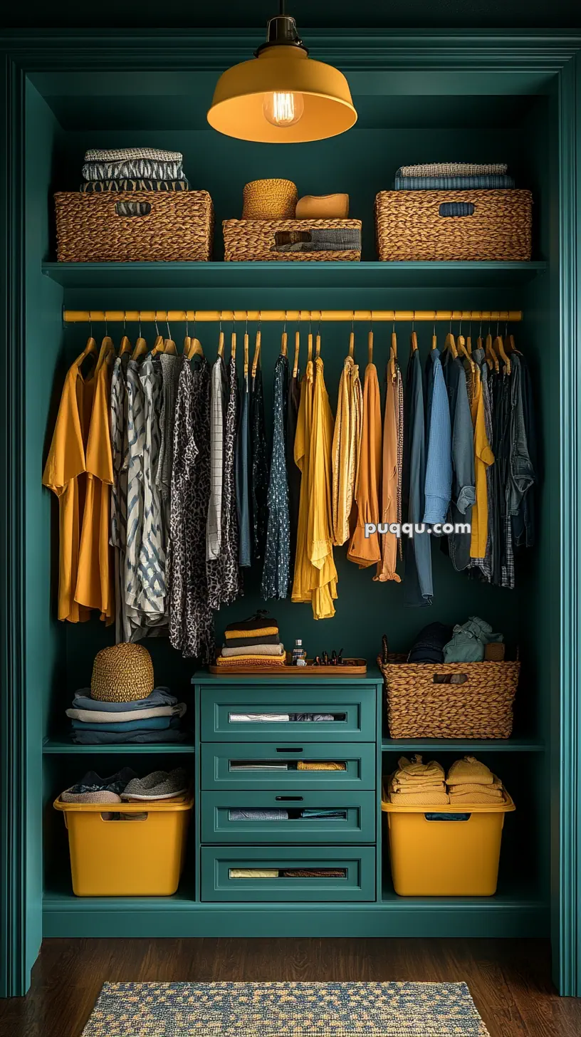 An organized closet with teal shelves, yellow baskets, and neatly hung clothes in shades of mustard, grey, and blue.