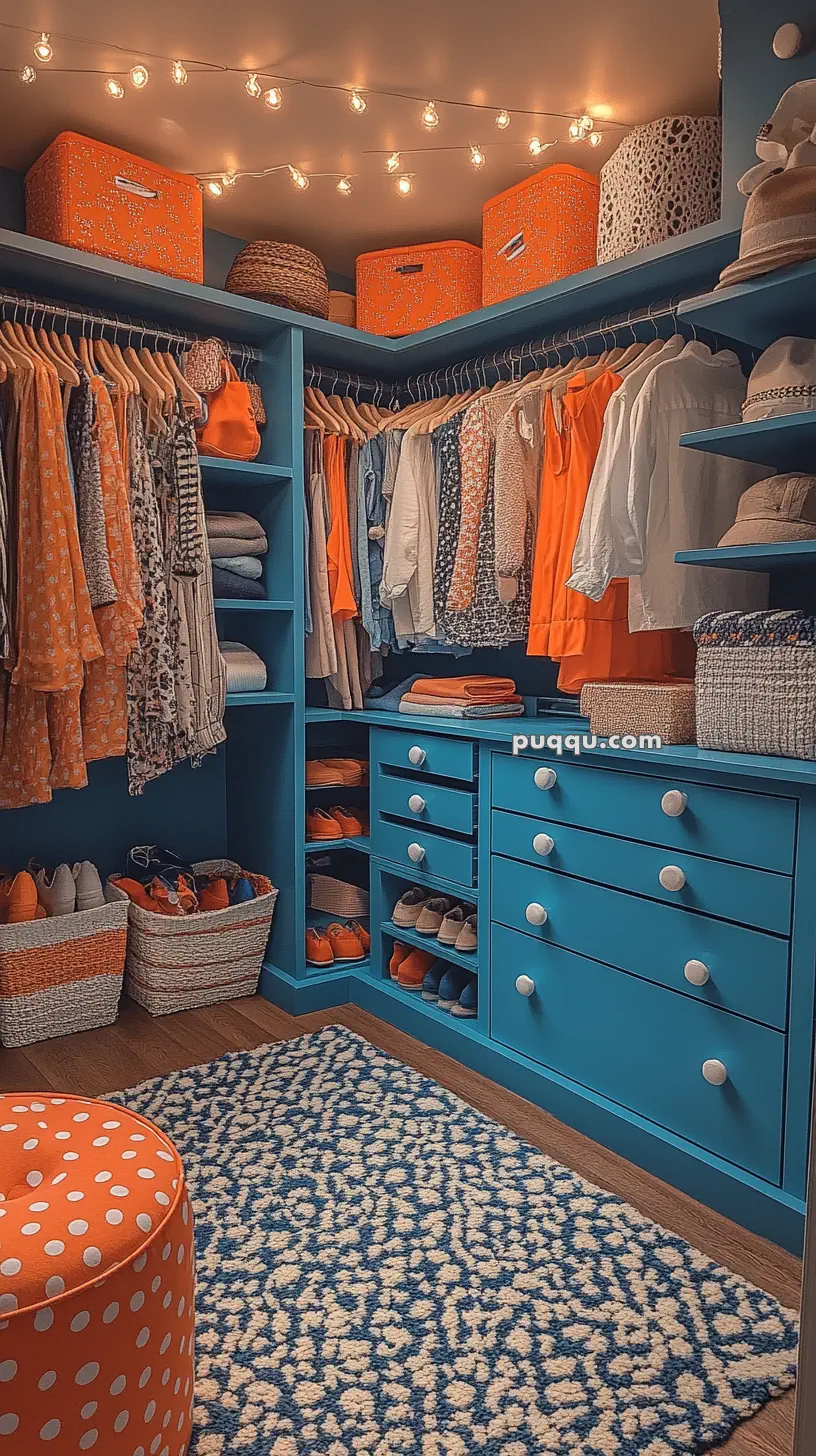 A colorful closet with blue shelves and drawers, showcasing neatly organized clothes, hats, shoes, and storage baskets in orange and neutral tones. String lights are hanging from the ceiling, and a patterned rug decorates the floor.