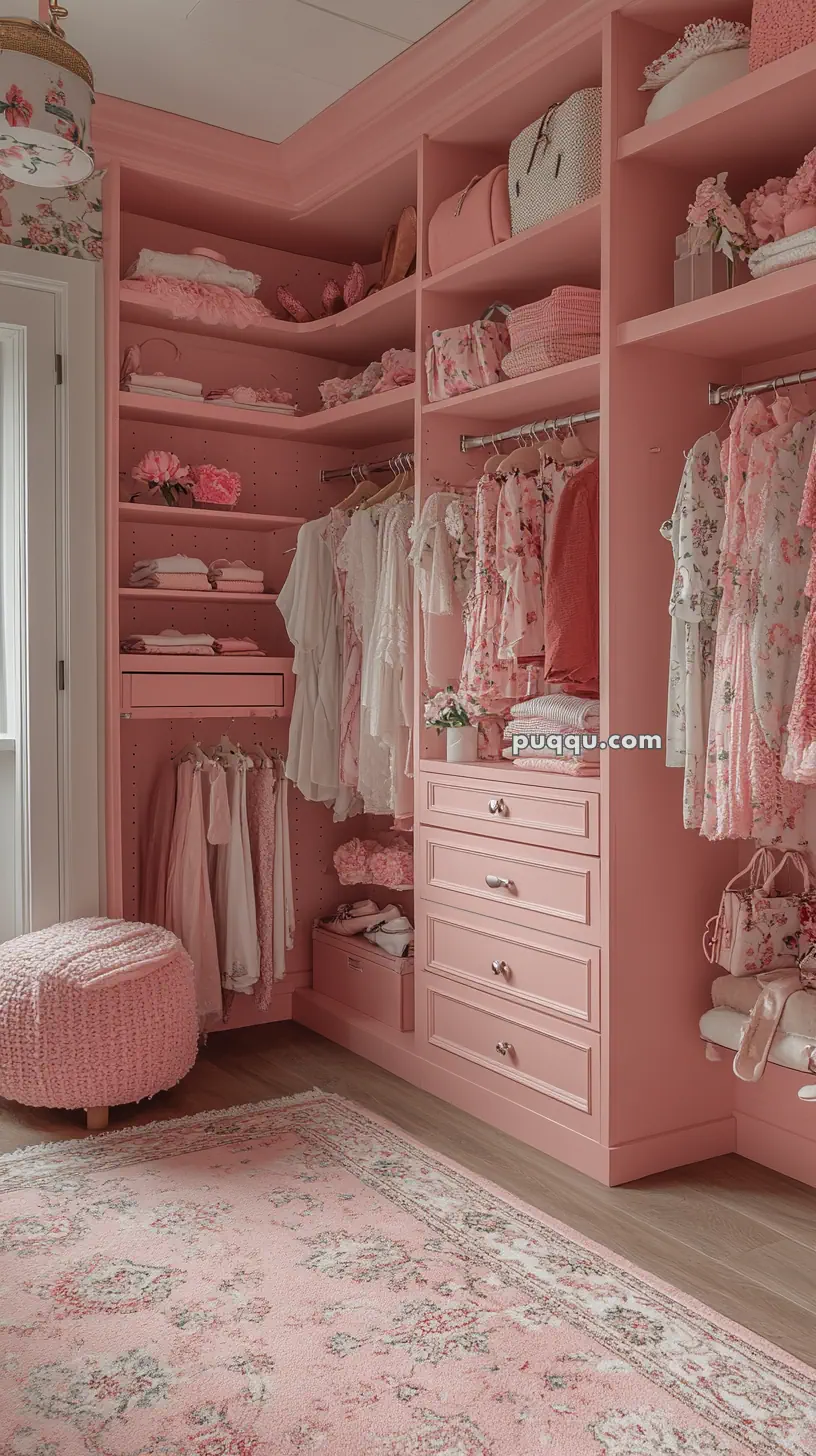 Pink-themed walk-in closet with open shelving, floral dresses, sweaters, shoes, a textured ottoman, and a floral rug.