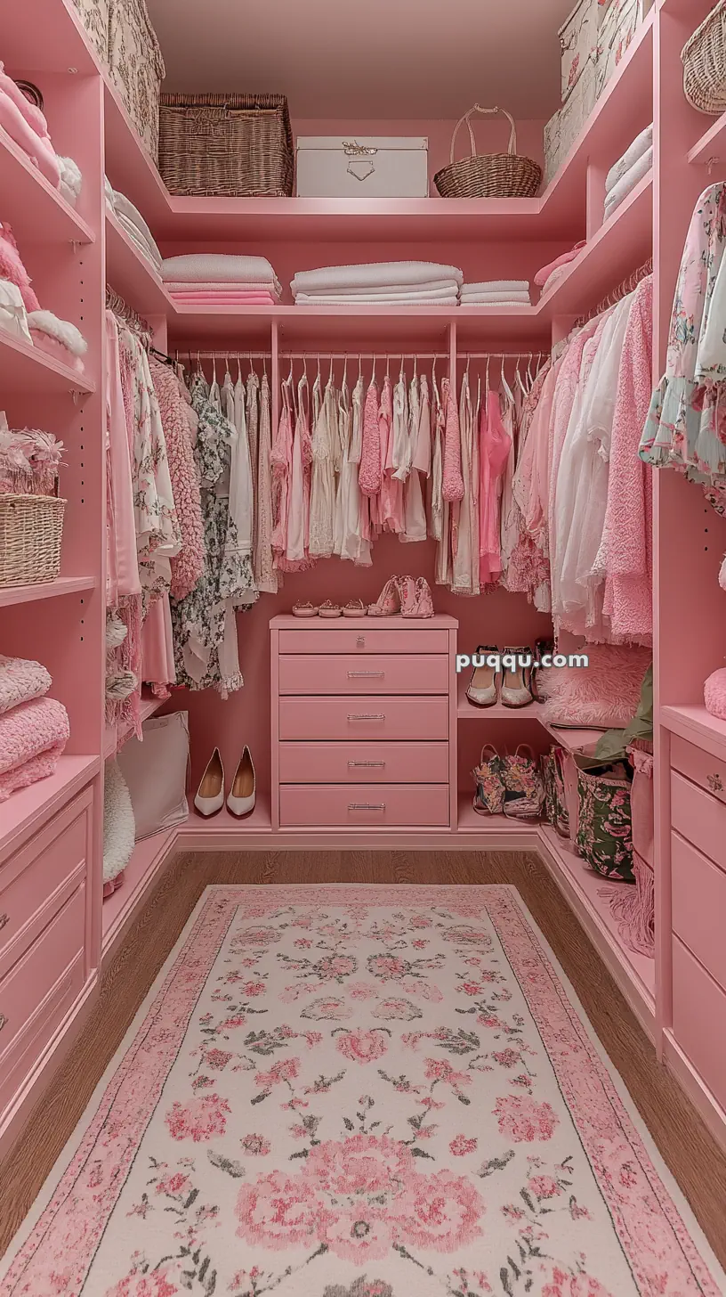 Pink walk-in closet with floral decor, featuring organized shelves, hanging clothes, and shoes.