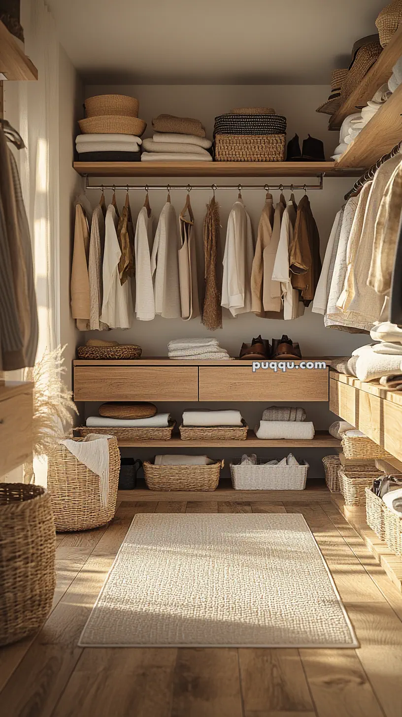 A neatly organized closet with clothes hanging on a rod, shelves holding folded linens and baskets, and a light-colored rug on a wooden floor.