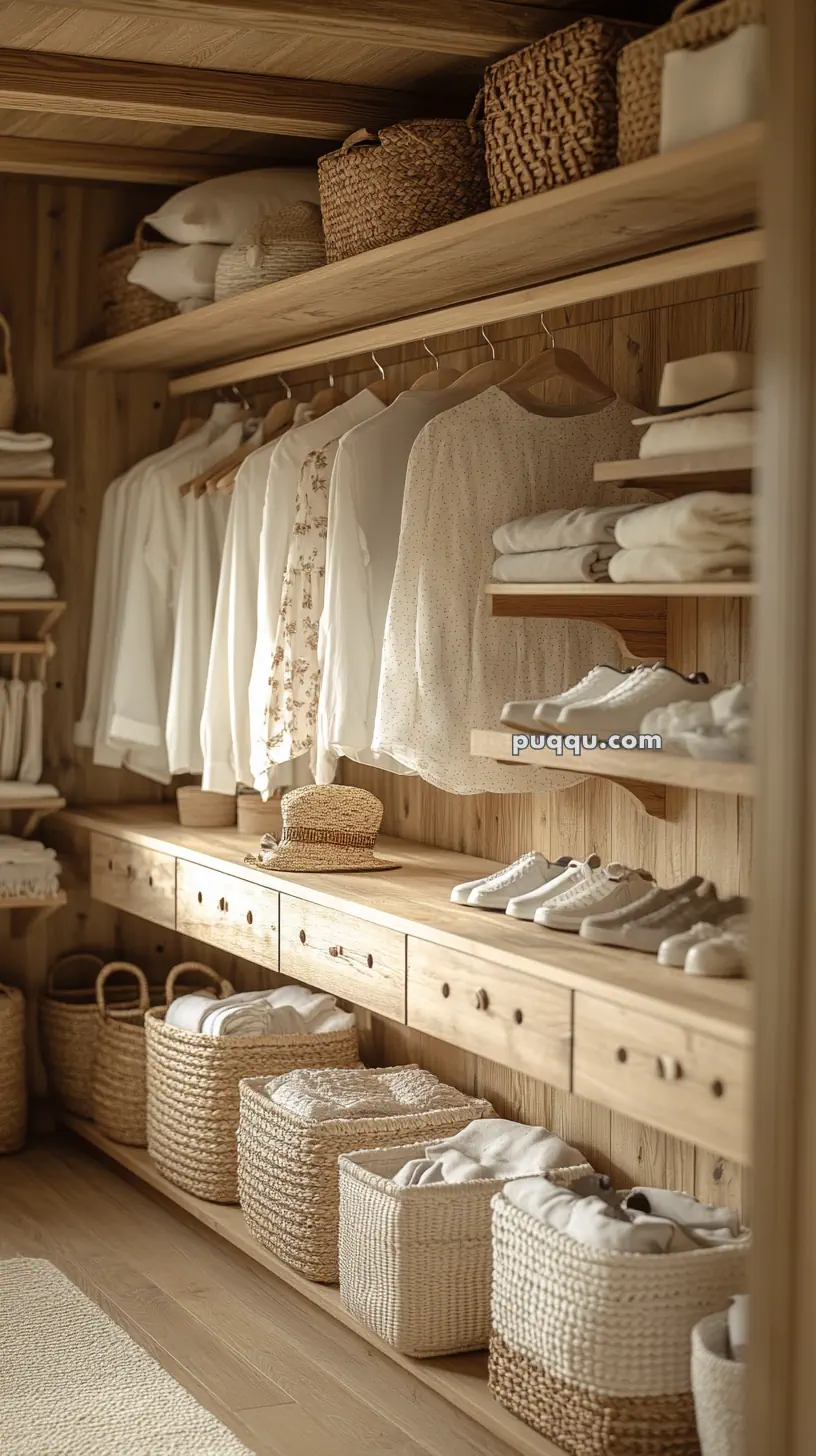 Wooden closet with woven baskets, white shirts hanging, and folded clothes and shoes neatly arranged on shelves.