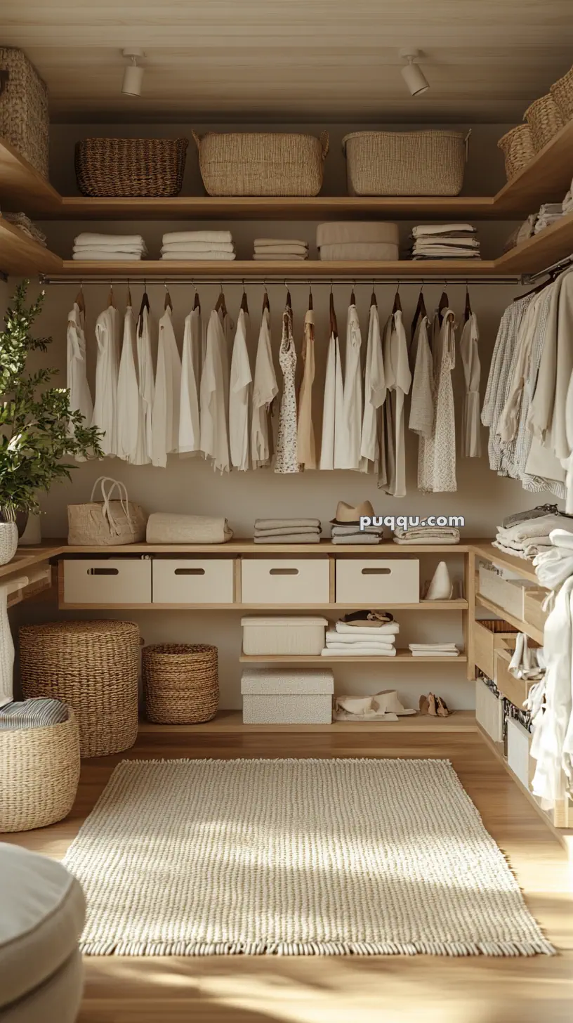 A neatly organized open closet with hanging clothes in neutral tones, wicker baskets on shelves, and a beige rug on the wooden floor.