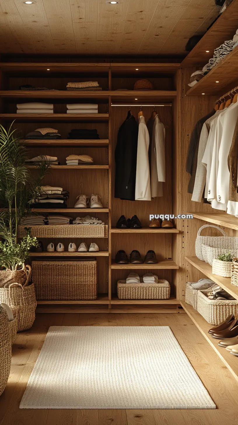 Wooden closet with shelves and hanging space, neatly organized with clothes, shoes, and woven baskets, featuring a white rug on the wooden floor and a green plant.