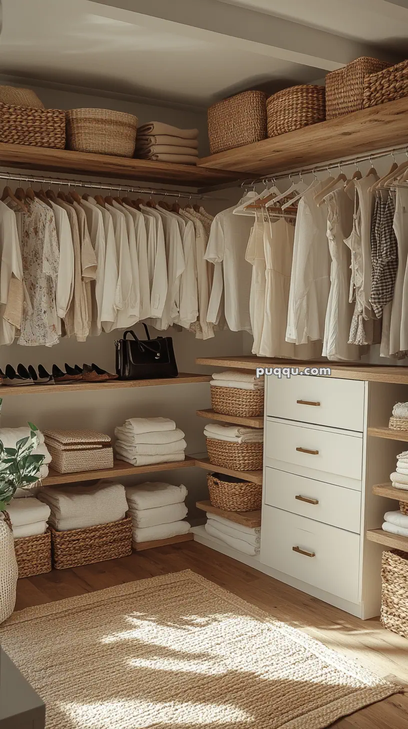 A neatly organized walk-in closet with wooden shelves, white hangers holding neutral-colored clothes, wicker baskets, folded towels, shoes, a black handbag, and a woven rug on the floor.