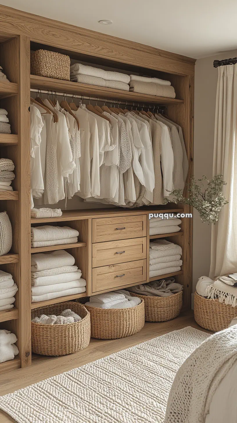 Natural wood open closet with neatly arranged white clothing, wicker baskets, and folded linens.