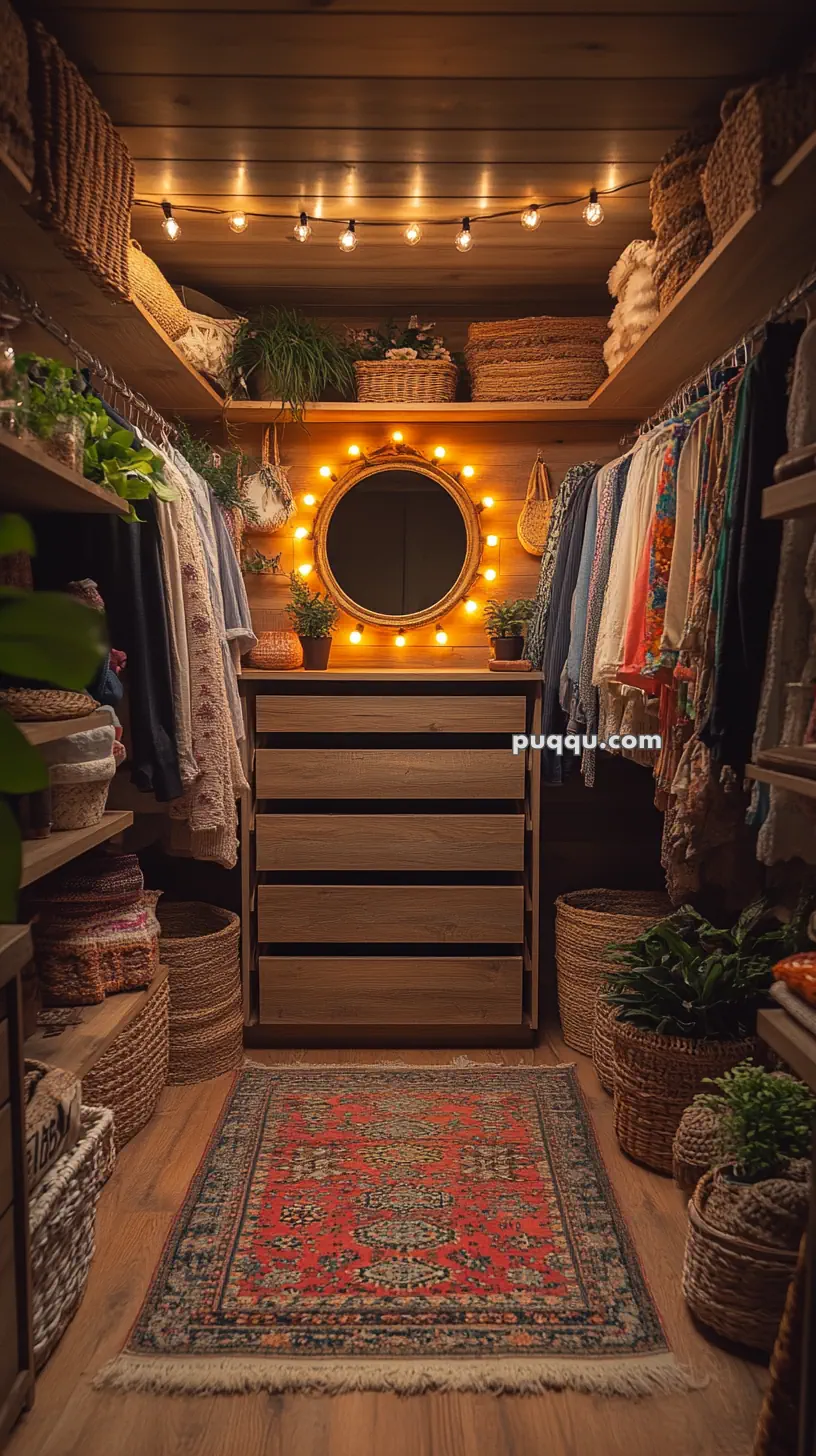 A cozy walk-in closet with a wooden dresser, surrounded by hanging clothes. A round mirror with warm lights above the dresser, and shelves with woven baskets, plants, and folded clothes. A colorful rug is on the wooden floor.