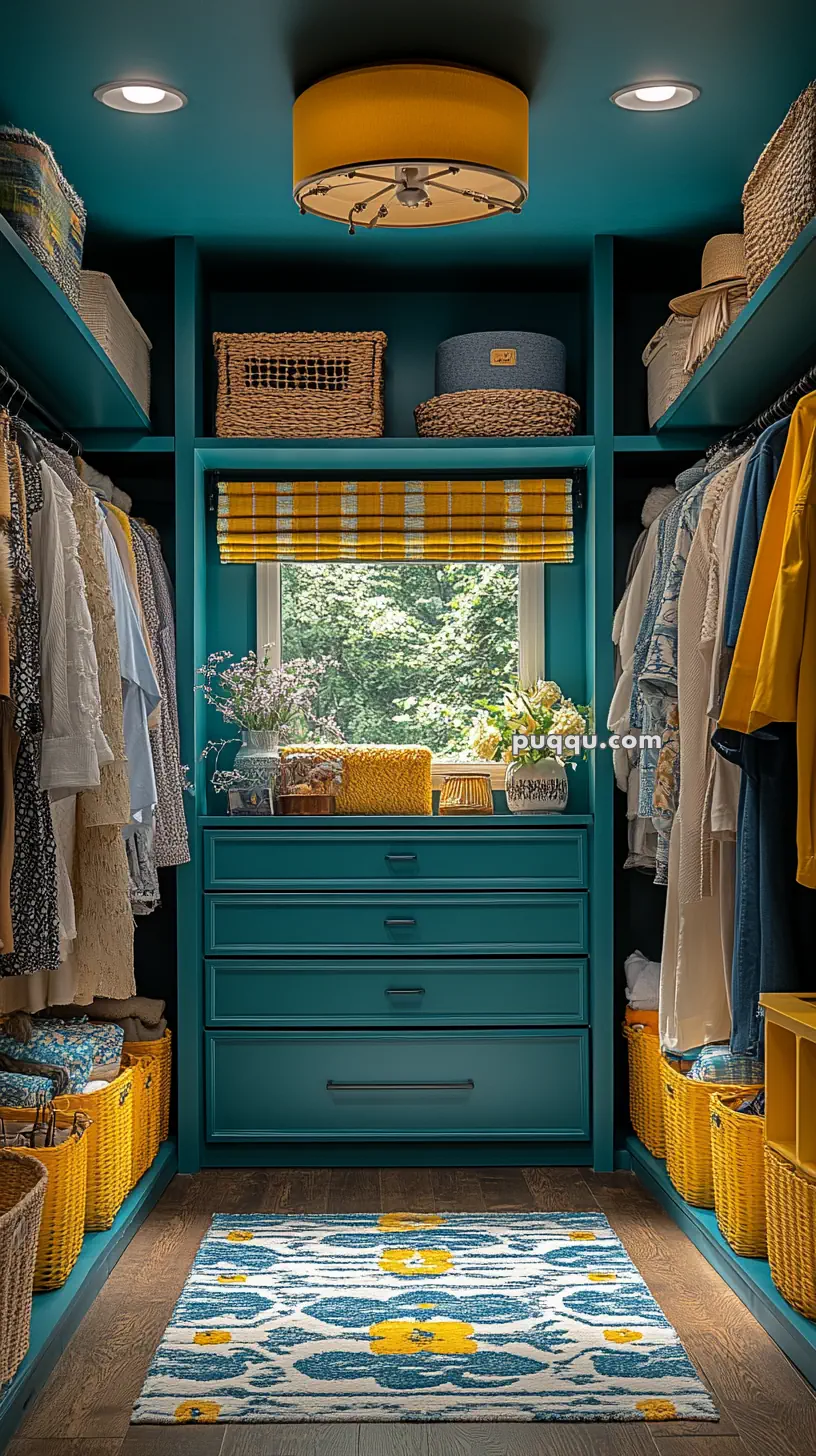 Teal-colored walk-in closet with wooden shelves, yellow baskets, hanging clothes, floral rug, and window with a plaid shade.