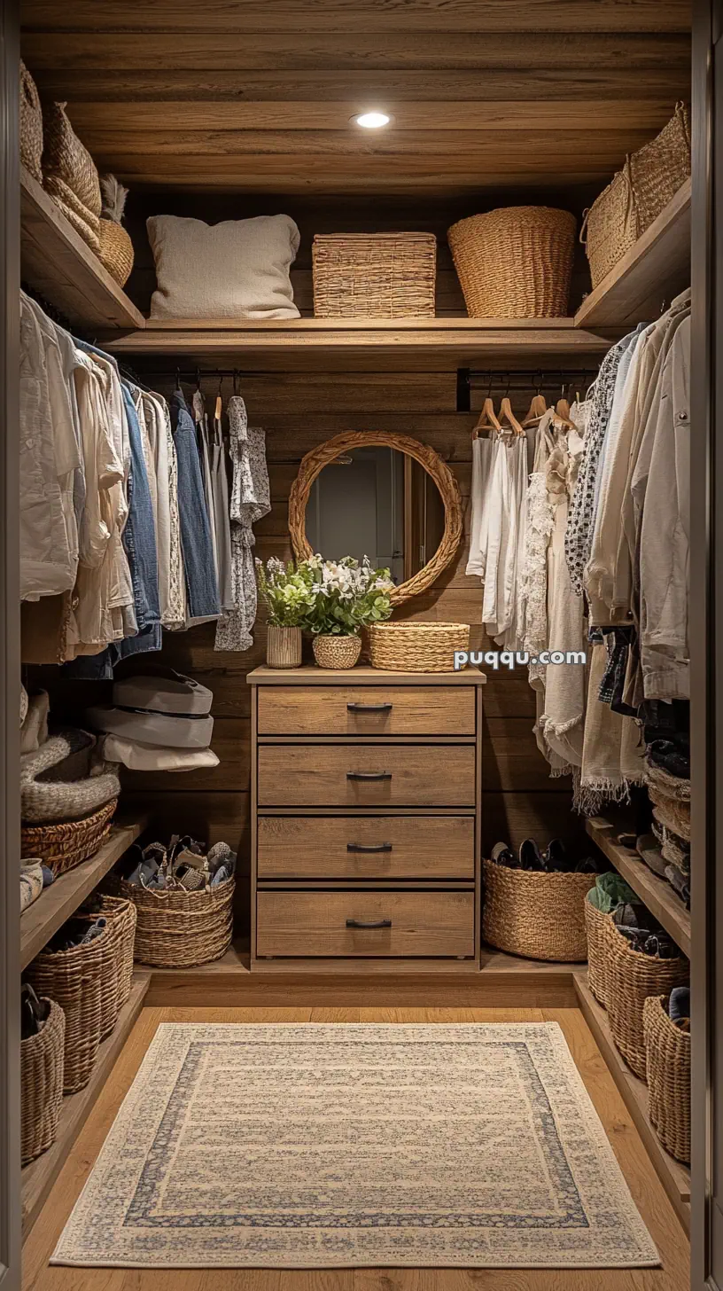 Wooden walk-in closet with hanging clothes, wicker baskets, a dresser with a round mirror, and a light-colored rug on the floor.