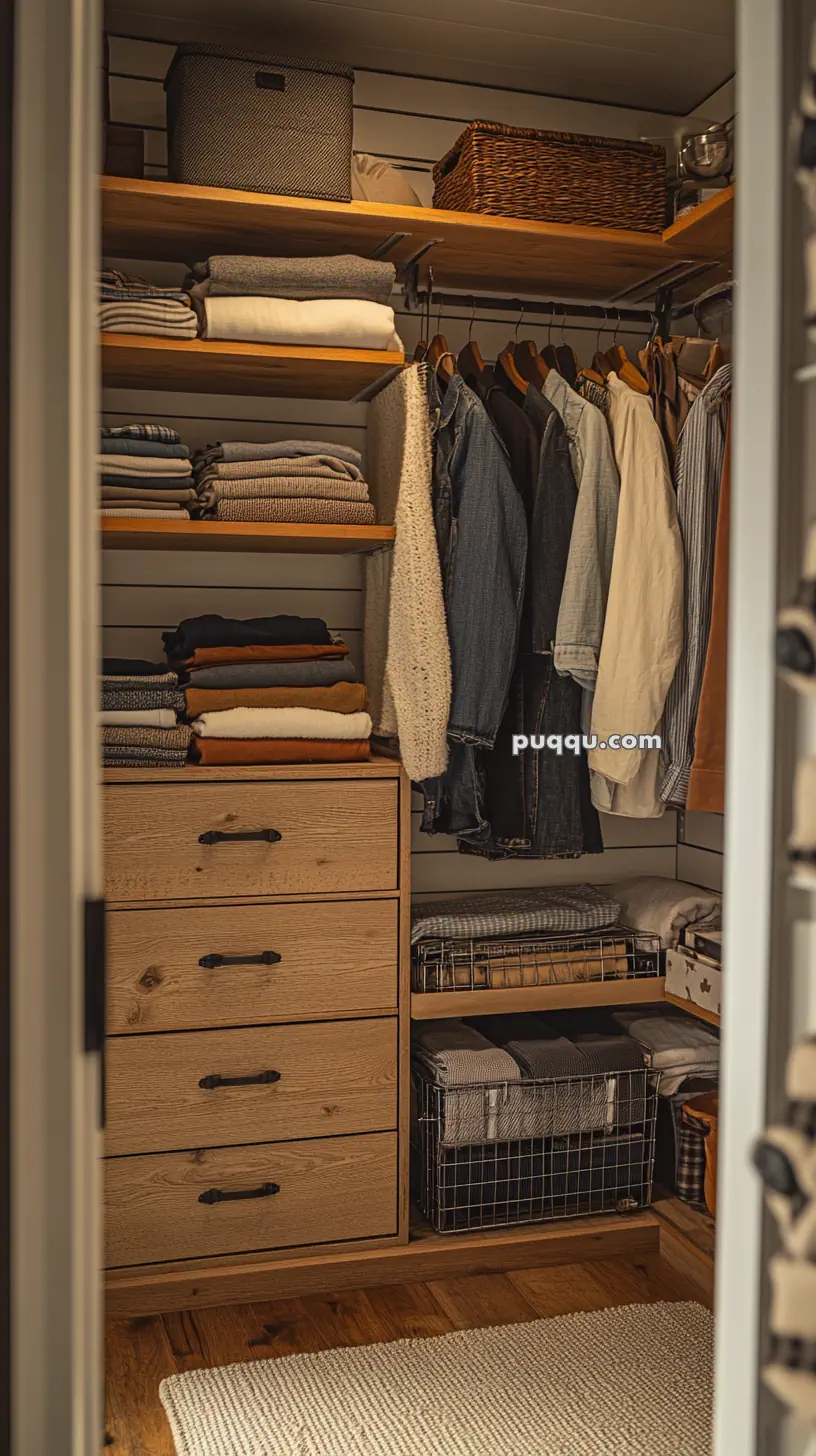 A neatly organized closet with folded clothes, hanging garments, and baskets on wooden shelves, with a chest of drawers beneath.