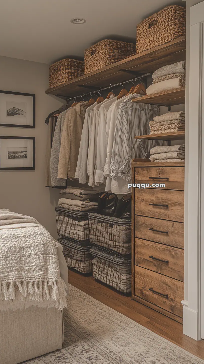 Cozy bedroom closet with wooden shelves, wicker baskets, hanging clothes, and a wooden dresser.