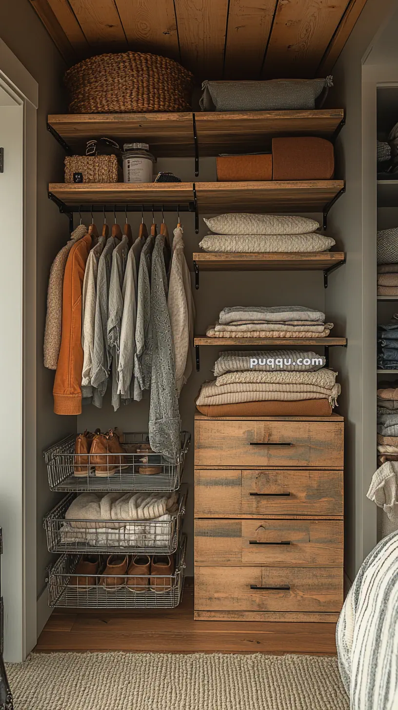 A cozy, well-organized closet with wooden shelves, wire baskets, neatly folded clothes, shoes, and hanging jackets.