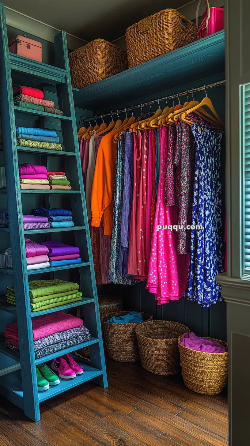 Colorful organized closet with hanging clothes, shelving with folded clothing, shoes, and woven baskets.