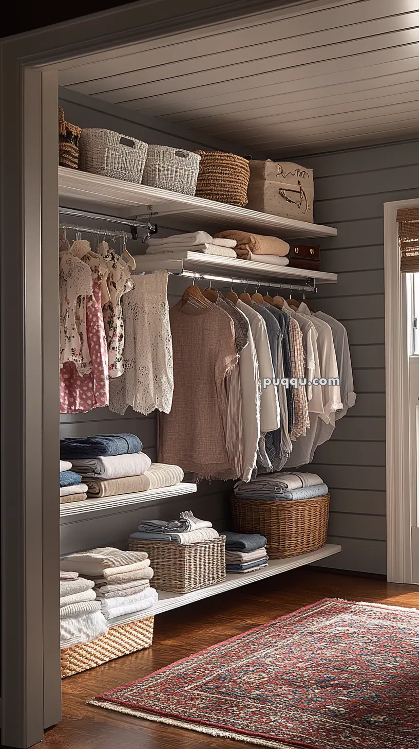 Organized closet with hanging clothes, folded linens, woven baskets, and a patterned rug.