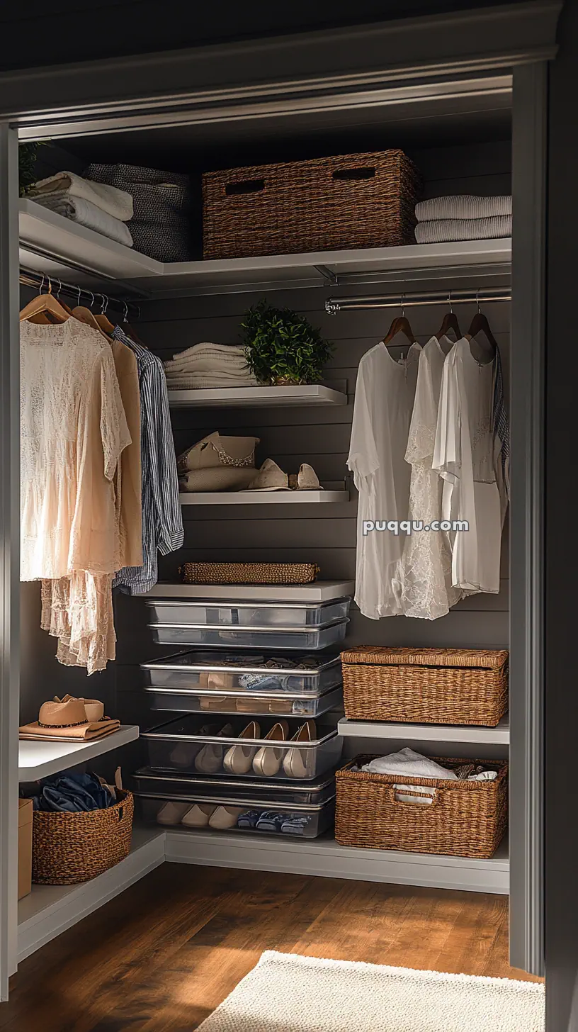 Organized closet with hanging clothes, woven baskets, folded linens, and plastic storage bins.