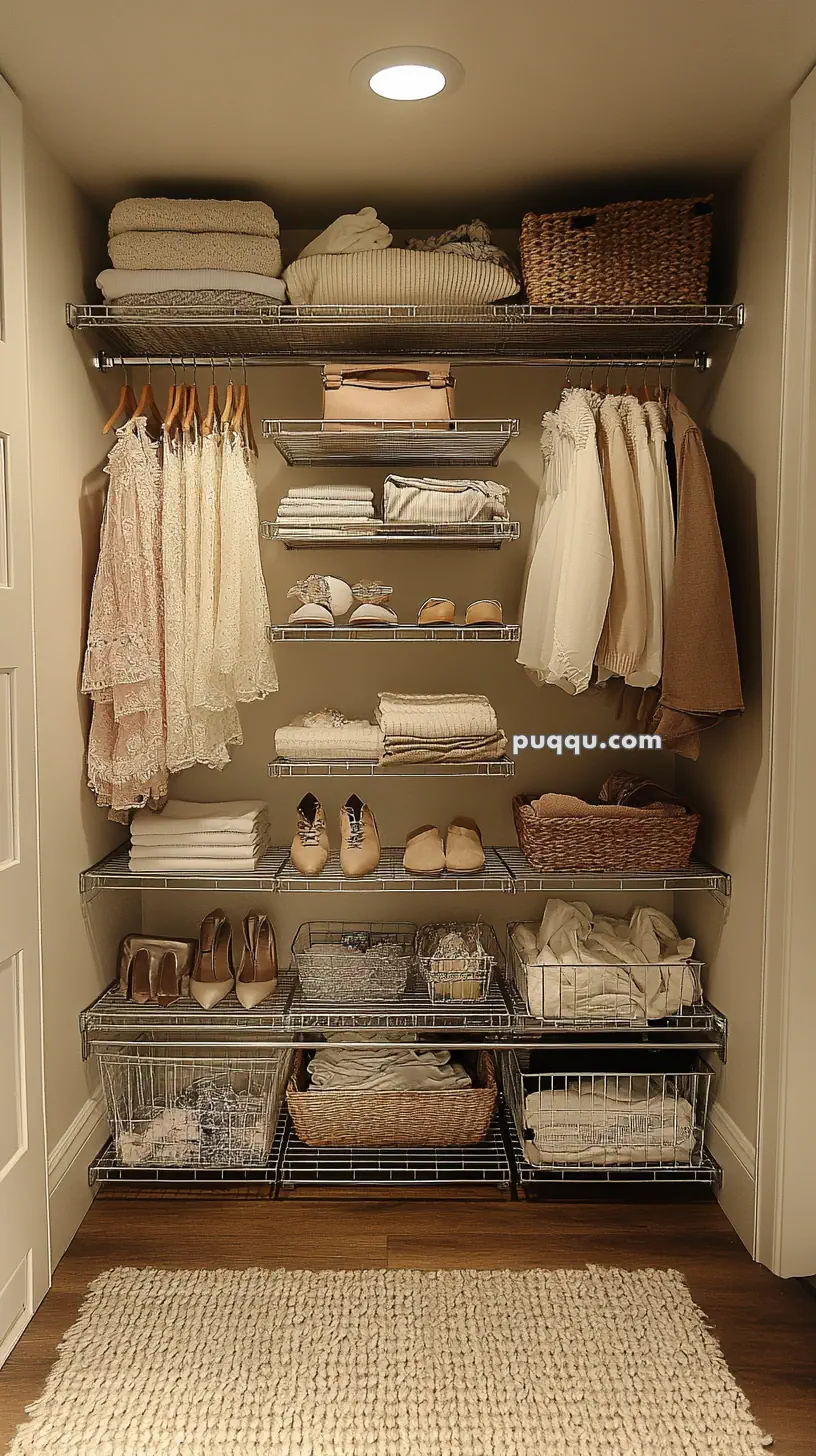 Organized closet with wire shelving, hanging clothes, folded textiles, shoes, and baskets.