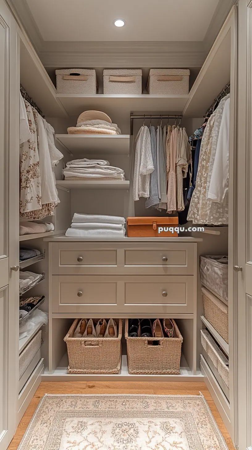 Organized closet with shelves, baskets, hanging clothes, and drawers, featuring neatly arranged shoes and folded linens.