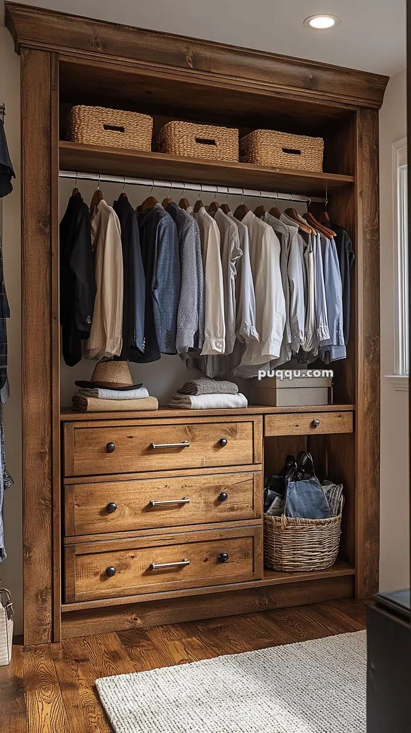 Wooden closet with hanging shirts, drawers, woven baskets, and a wicker basket on the floor.