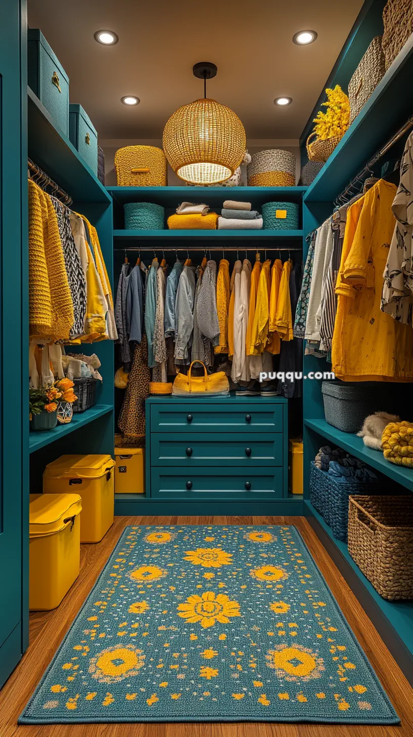 A neatly organized teal walk-in closet with yellow accents, featuring shelves, drawers, hanging clothes, and a floral-patterned rug.