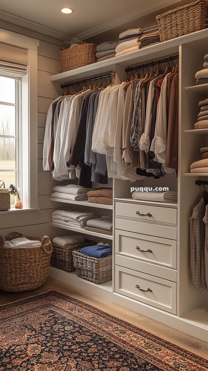 Organized walk-in closet with hanging clothes, stacked sweaters, woven baskets, shelves, and a patterned rug.