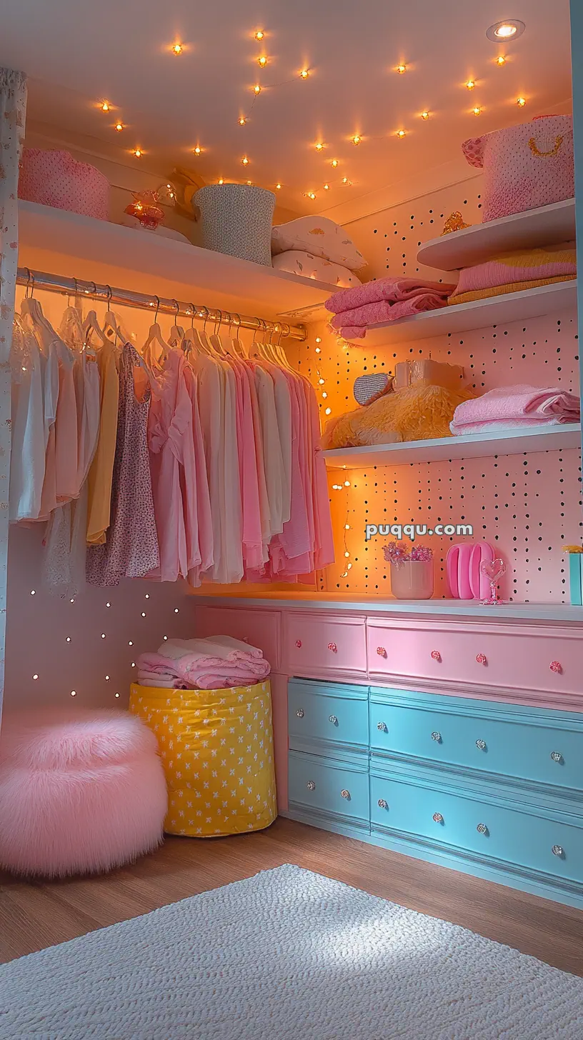 Cozy pastel-themed closet with pink and blue drawers, hanging clothes, string lights, and decorative baskets.