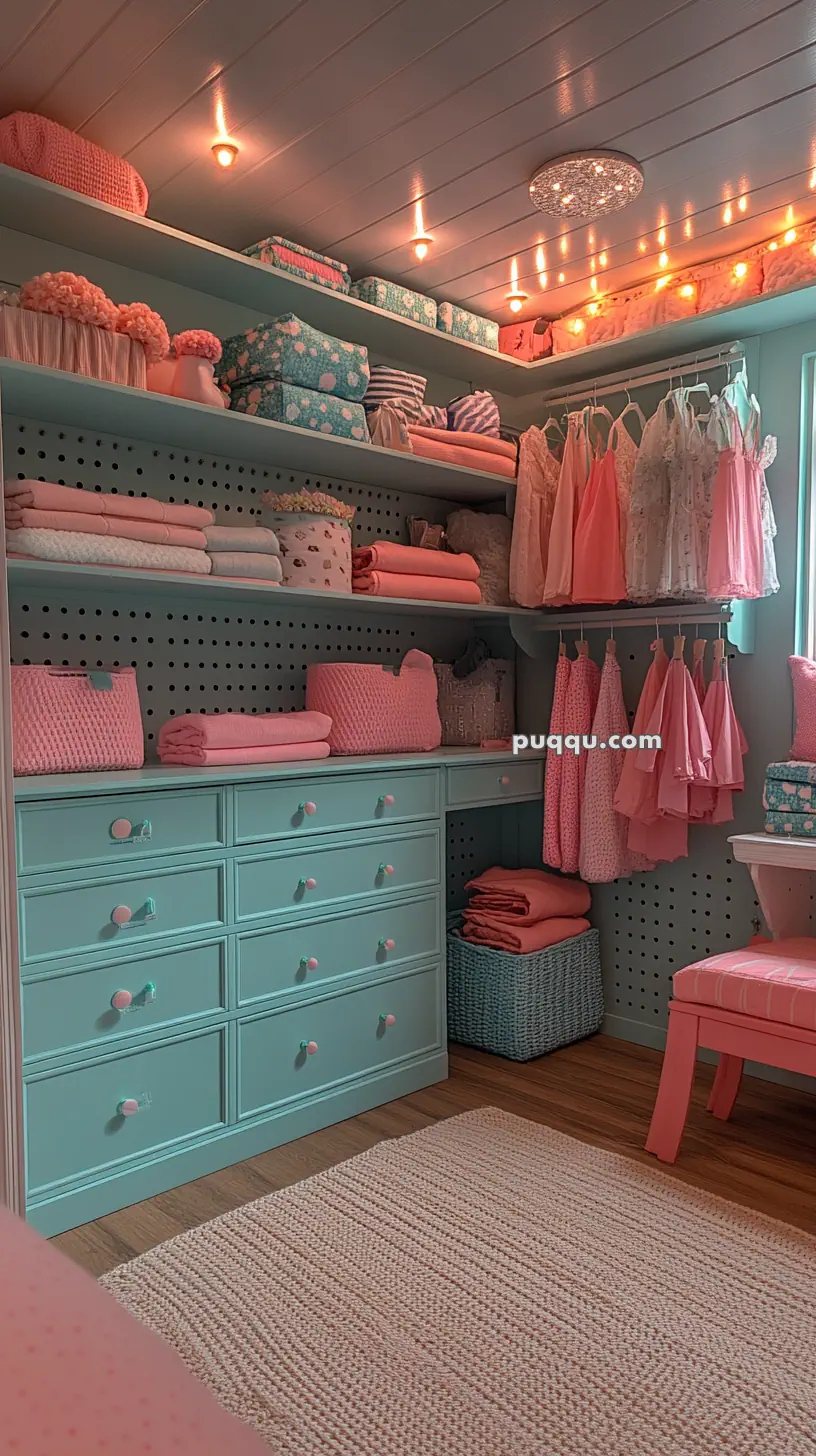 A pastel-colored closet with teal shelves and drawers, filled with pink and floral-patterned clothes, baskets, and folded linens, under warm ceiling lights.