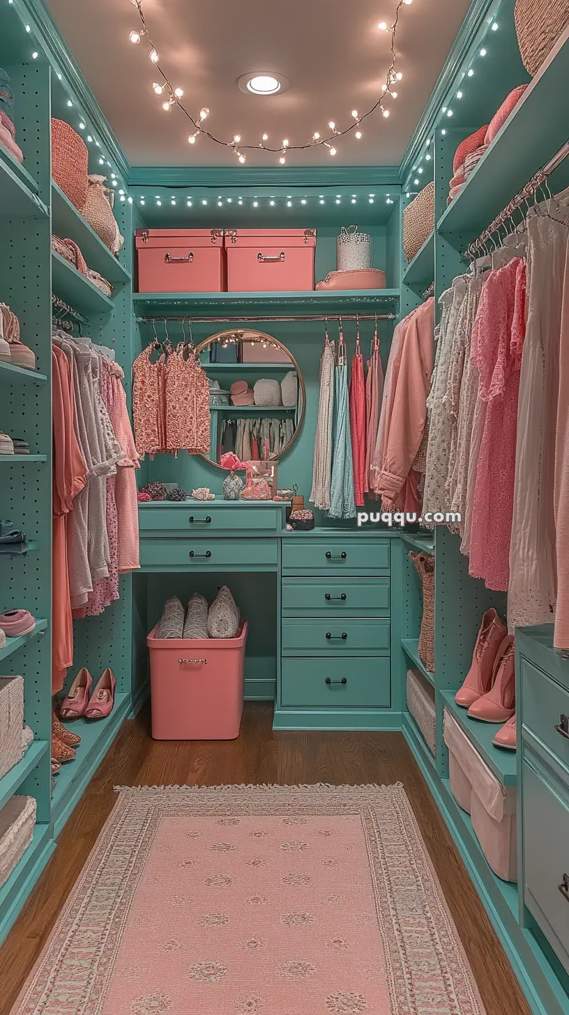 Teal walk-in closet with shelves and racks featuring pink clothes and accessories, a vanity with a round mirror, pink storage boxes, and string lights on the ceiling.