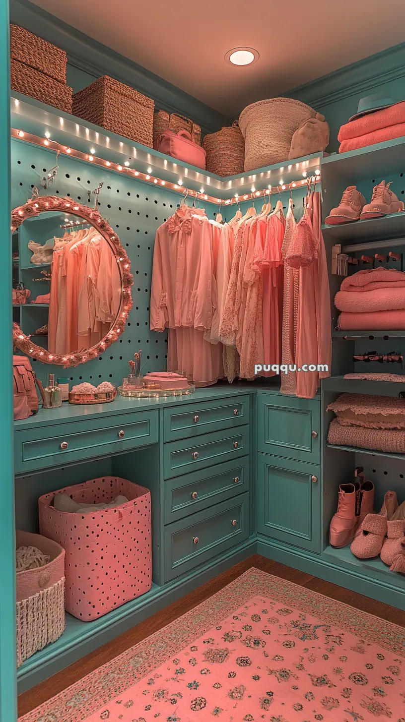 A teal and pink closet with hanging clothes, a mirror with lights, woven baskets, pink shoes, folded towels, and a patterned rug.