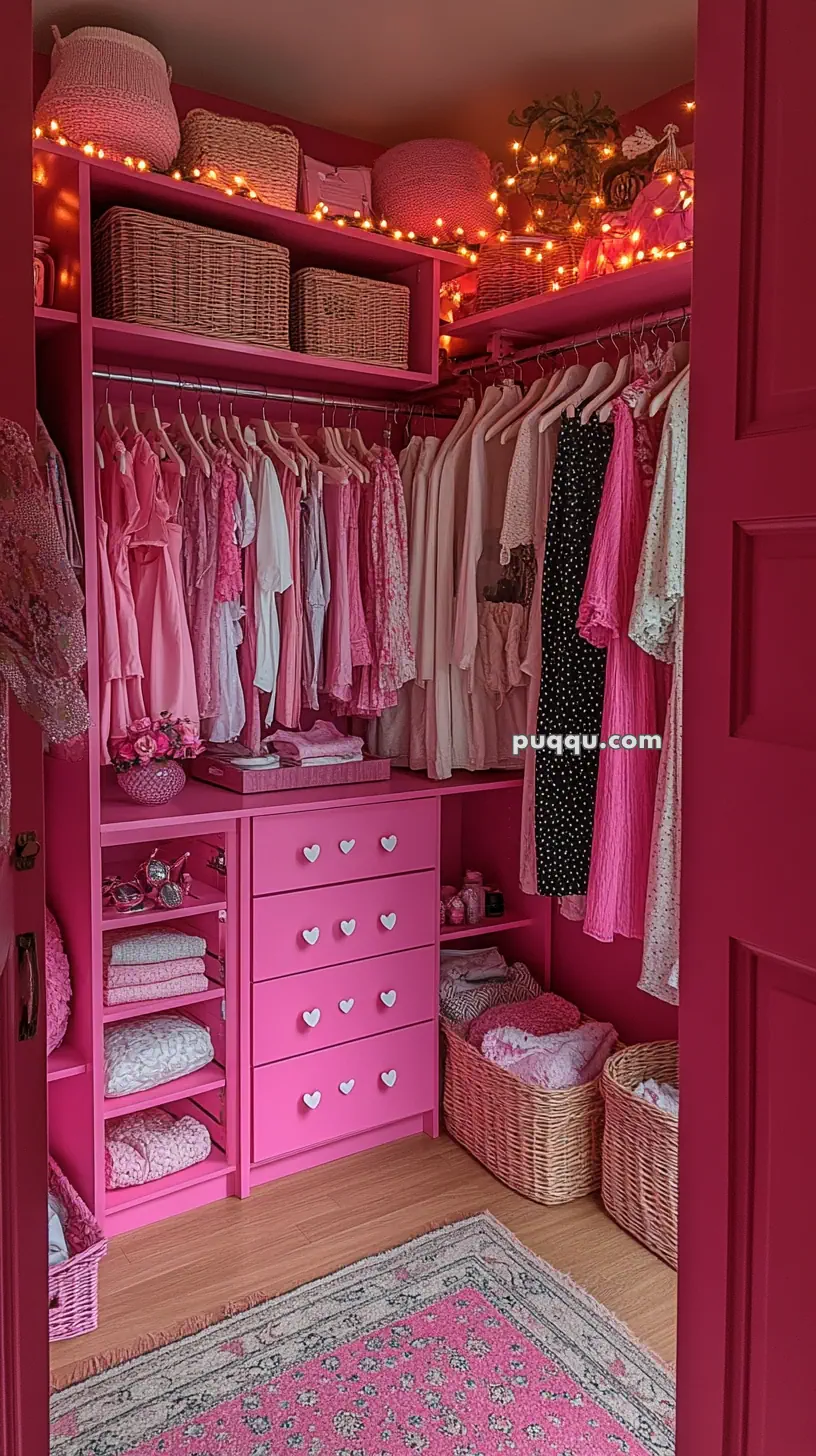 Pink-themed closet with neatly arranged clothes, baskets, and shelves, illuminated by fairy lights.