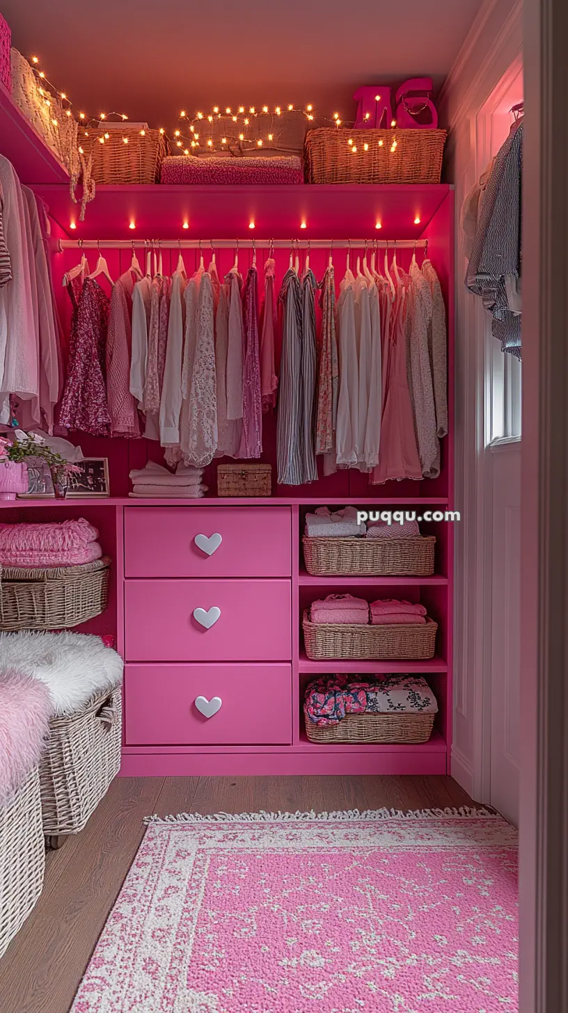 Pink-themed closet with hanging clothes, shelves with baskets, a pink dresser with heart-shaped handles, string lights, and a patterned pink rug.