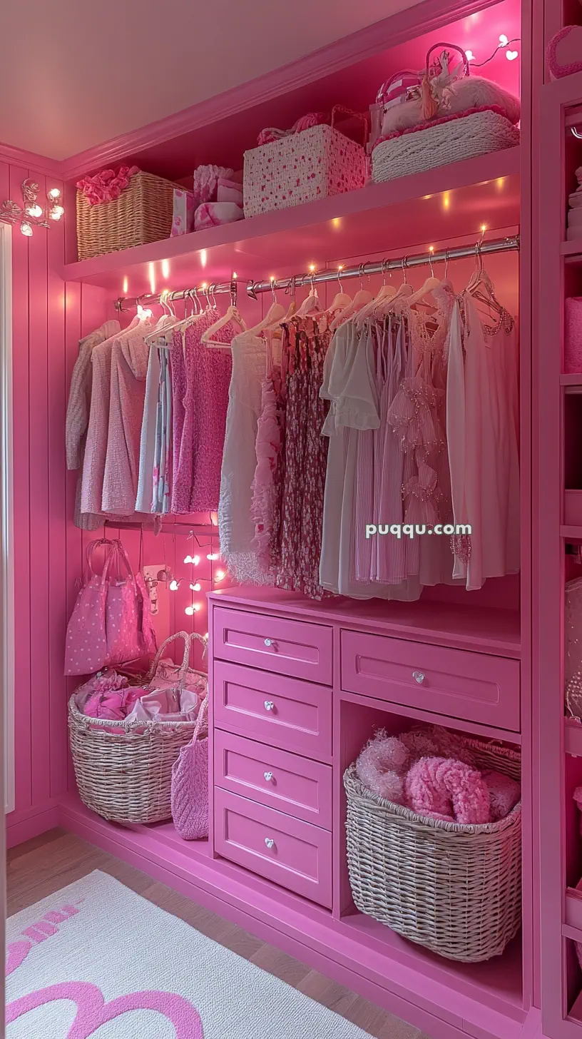 Pink-themed closet with hanging clothes, wicker baskets, and string lights.