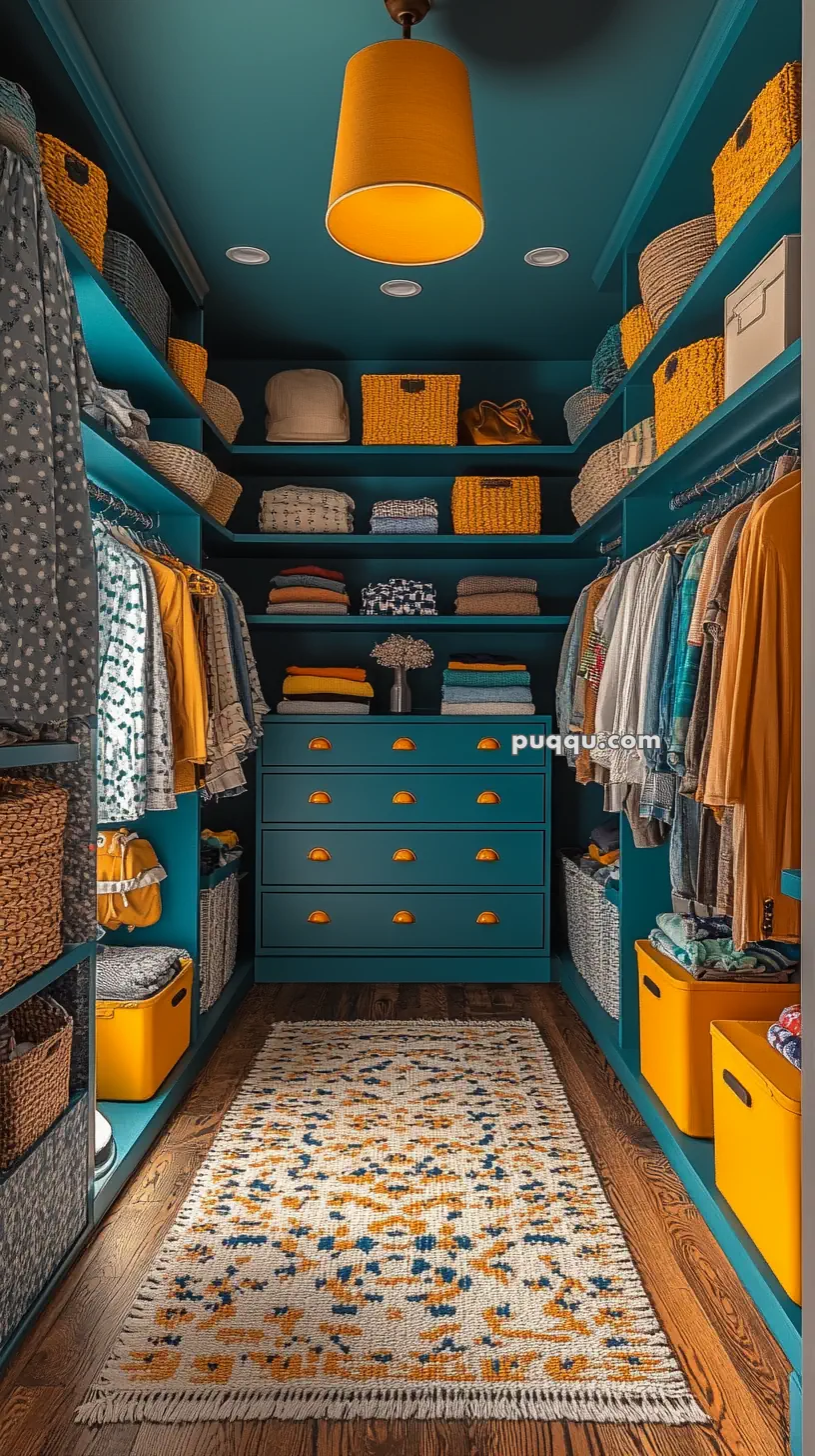 Colorful walk-in closet with teal shelves, orange drawers, woven baskets, clothes hanging, folded items, and a patterned rug on the wooden floor.