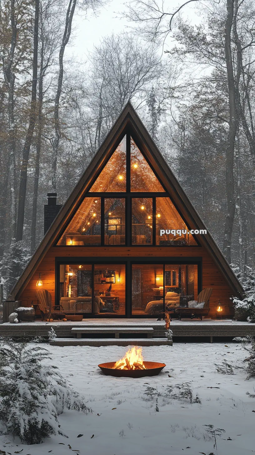 A-frame cabin with large glass windows, warmly lit interior, surrounded by a snowy forest; a fire pit glows in the snowy yard.