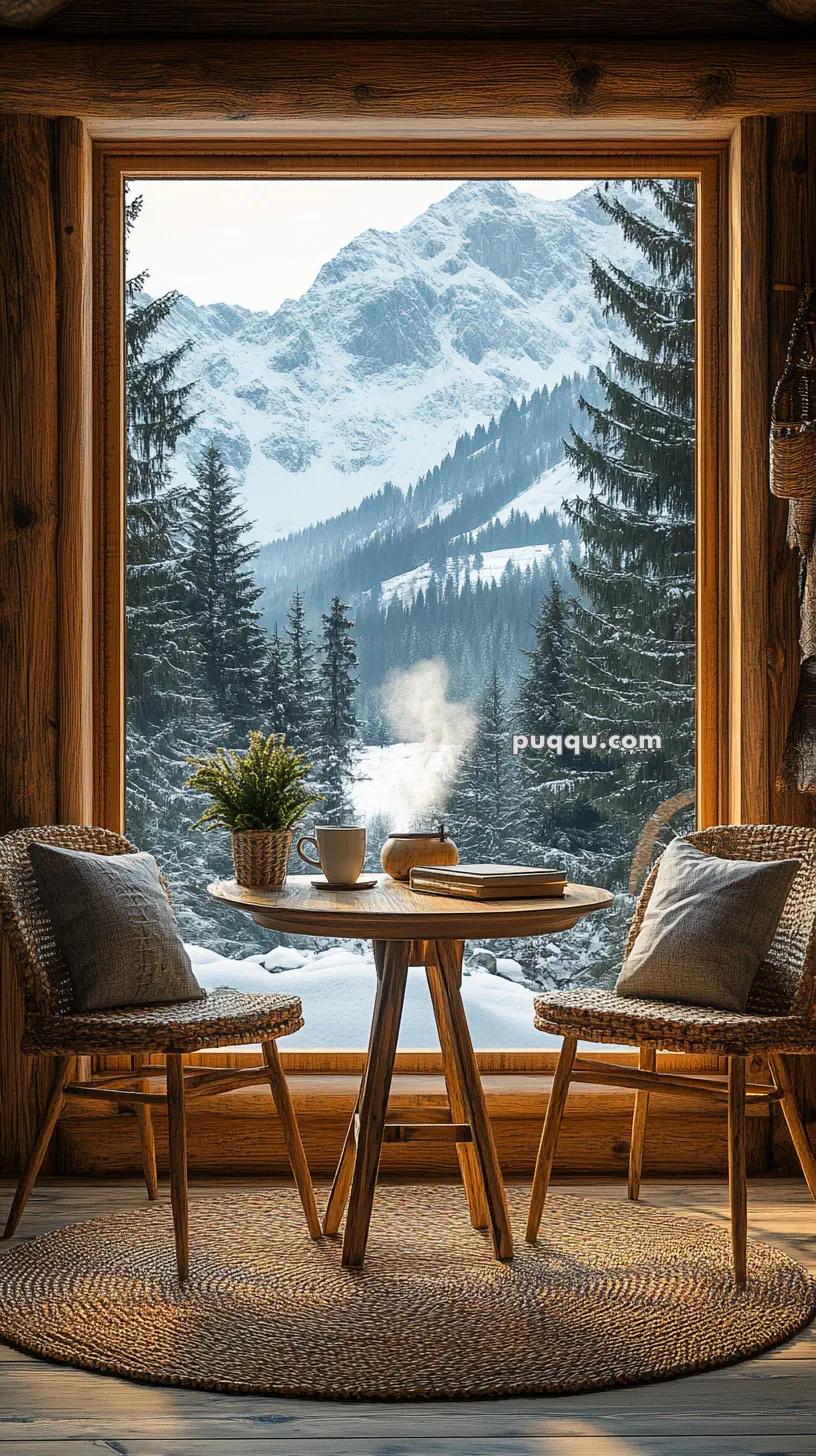 Cozy cabin interior with a wooden table, two chairs, a steaming mug, a plant, books, and large window view of snowy mountains and pine trees.