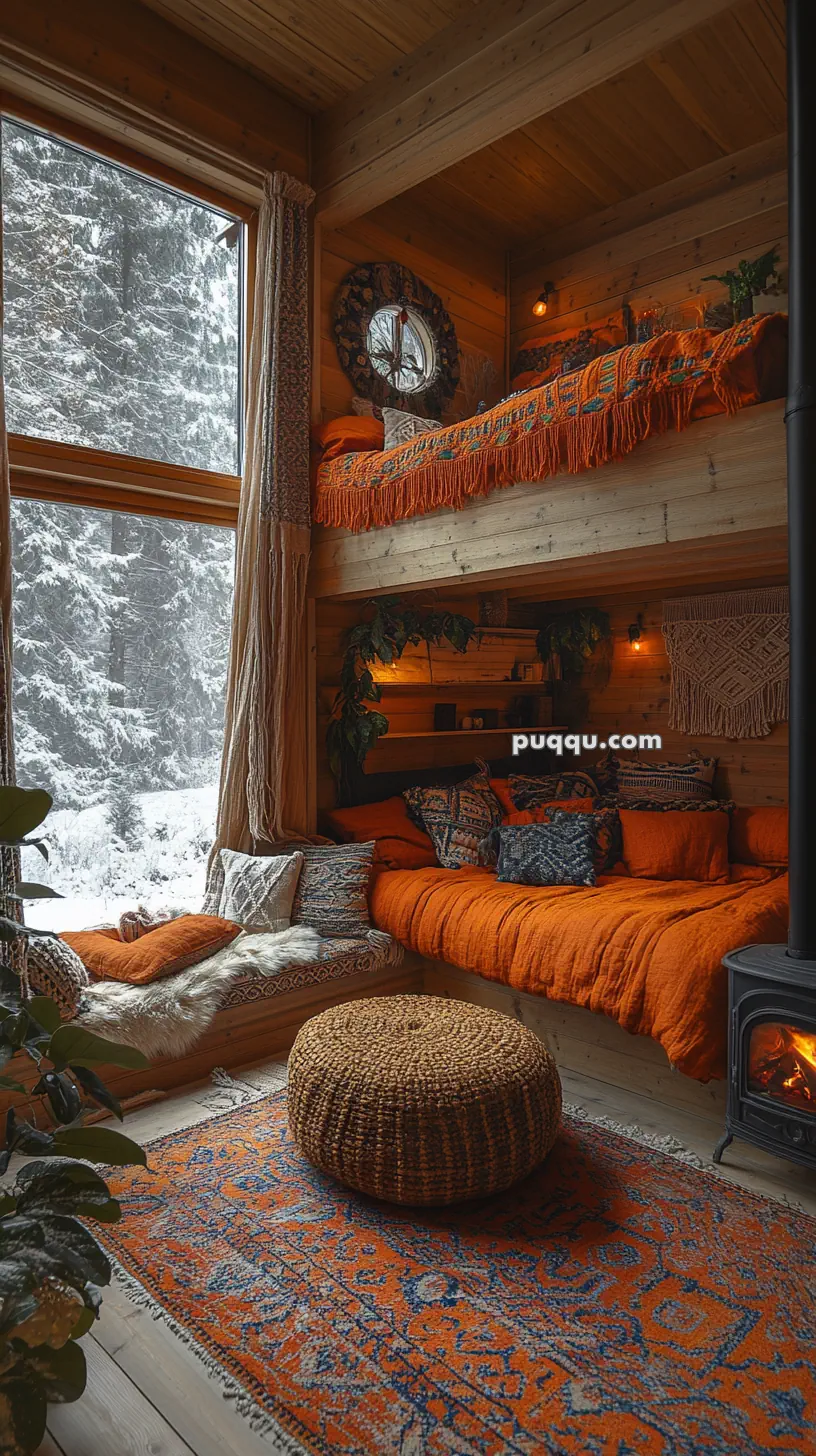 Cozy cabin interior with wooden walls, orange bedding, a woven rug, and a wood-burning stove, set against a snowy forest backdrop.