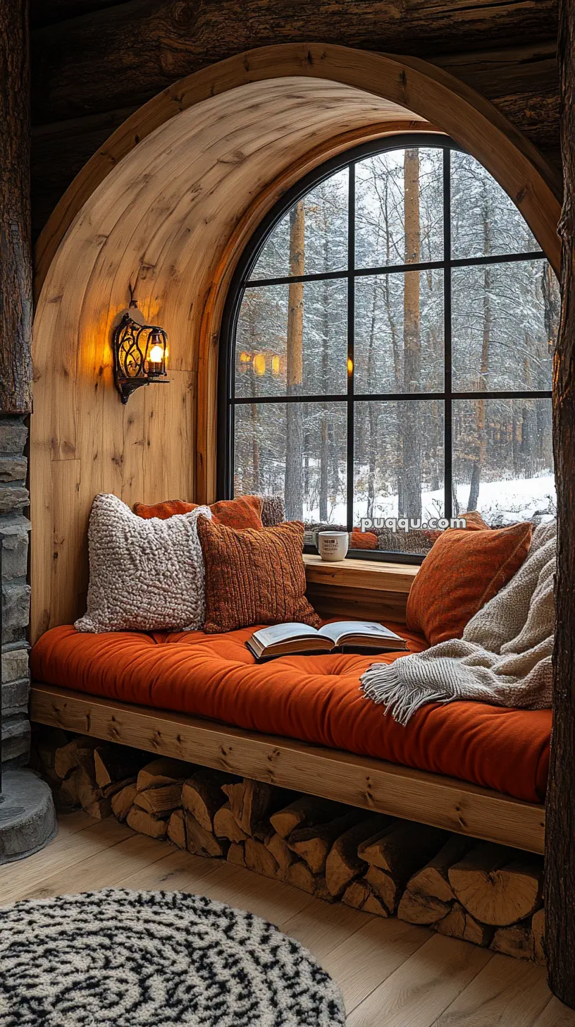 Cozy window nook with an orange cushion, pillows, a blanket, an open book, and a mug, set against a large arched window overlooking a snowy forest.