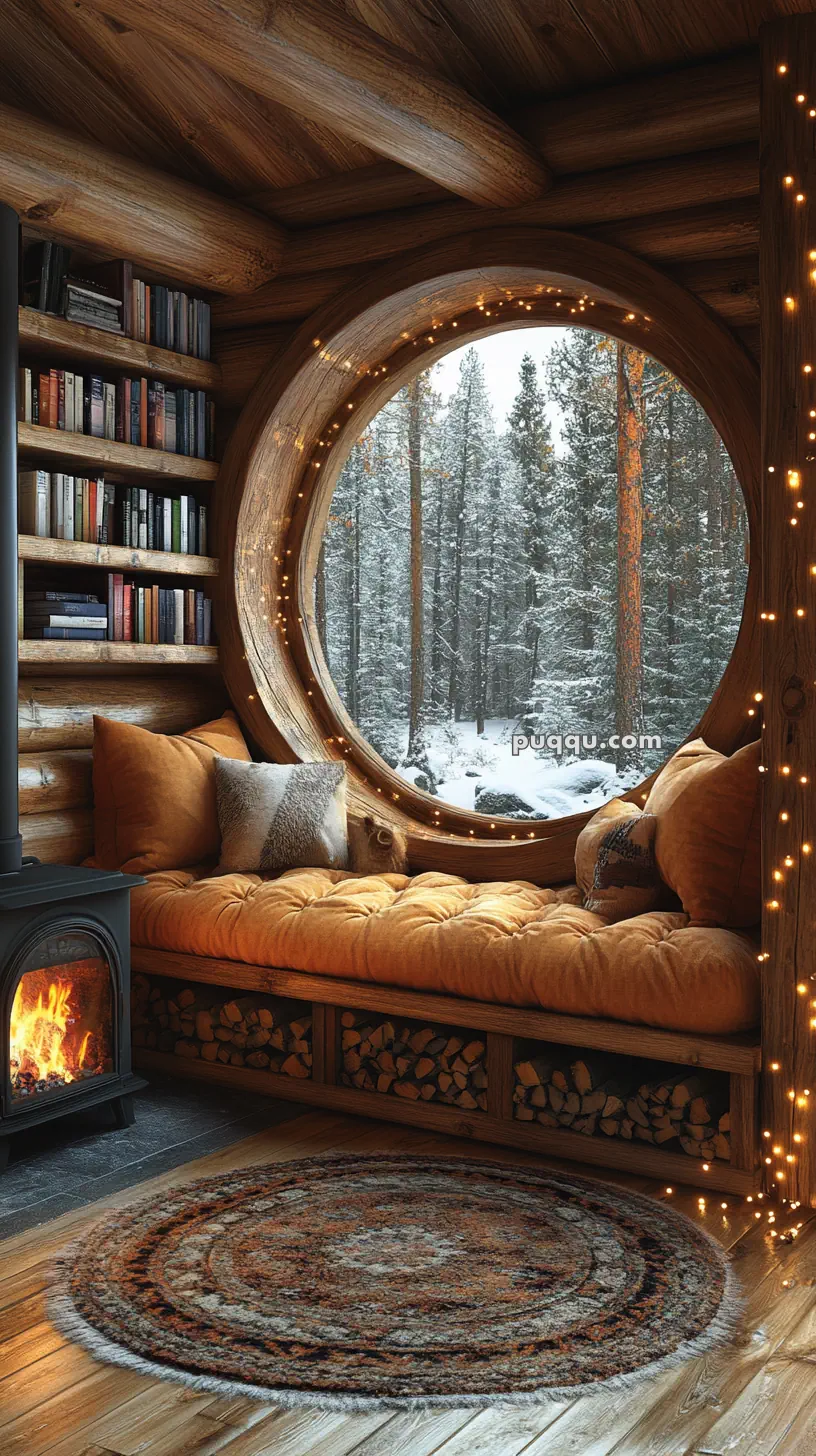 Cozy cabin interior with a round window overlooking a snowy forest, a cushioned bench with pillows, a bookshelf, a circular rug, and a wood-burning stove.