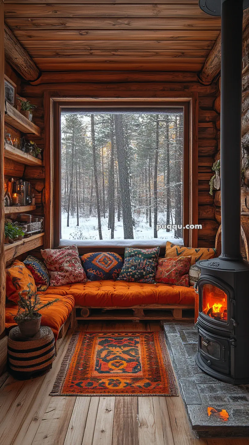 Cozy cabin interior with orange couch, colorful pillows, a wood-burning stove, and a large window overlooking a snowy forest.