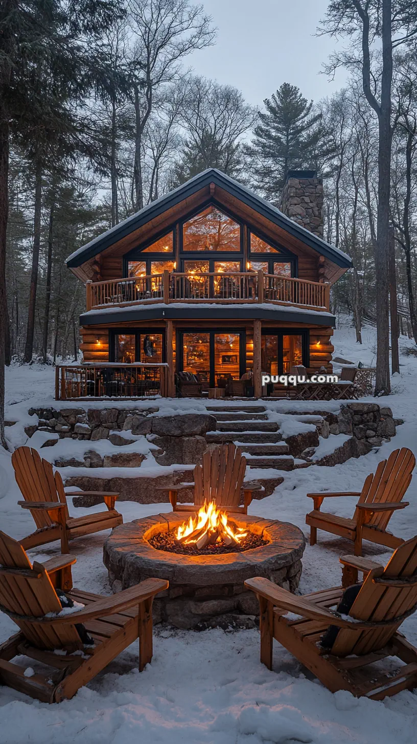 Rustic log cabin with large windows, surrounded by snow-covered trees, features an outdoor fire pit with wooden chairs.