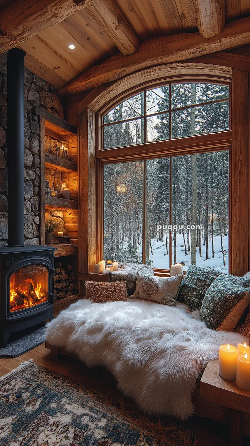 Cozy cabin interior with a stone fireplace, fur-covered bench, candles, and large window overlooking a snowy forest.